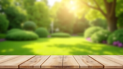 Poster - A beautifully blurred garden is in the background while a minimalist wooden tabletop takes center stage in this selective focus photo._00001_
