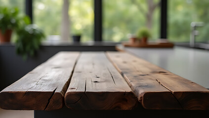 Aufkleber - A beautiful dark wood texture is featured in an abstract design on a blurred counter island near a glass window._00004_