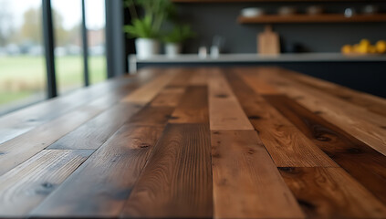 Aufkleber - A beautiful dark wood texture is featured in an abstract design on a blurred counter island near a glass window._00002_