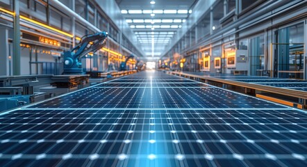Poster - Automated photovoltaic panel production line with robotic arms in factory