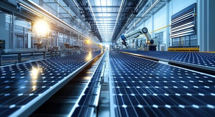 Poster - Modern photovoltaic panel production line with robotic automation