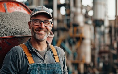 Poster - Smiling worker in blue overalls at industrial work site