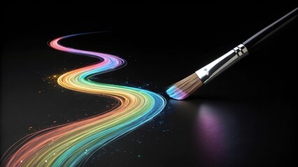 Poster - Paintbrush is painting a wavy path of rainbow colored light trails on a black background, representing creativity, innovation, and imagination