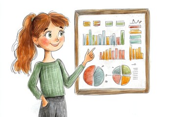 Poster - Animated woman presenting data on a whiteboard with colorful charts