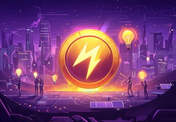 Poster - Futuristic cityscape with glowing energy coin illustration