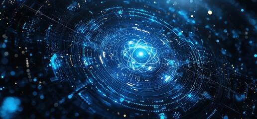 Poster - futuristic digital background featuring a glowing atomic energy design