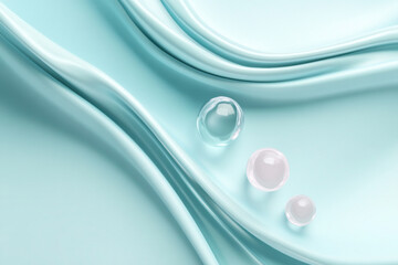 Poster - A serene abstract artwork featuring pastel blue and pink waves intertwined with translucent floating bubbles on a light background