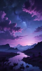 Wall Mural - Landscape painting of a dark blue and purple night sky, atmosphere, stars, moon