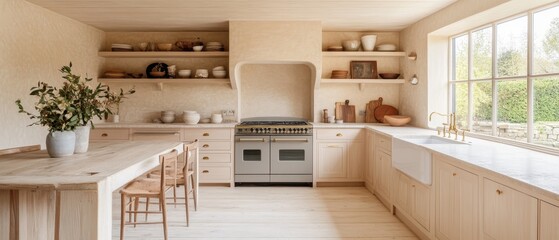 Canvas Print - Bright Rustic Kitchen With Light Wood Cabinets And Farmhouse Sink