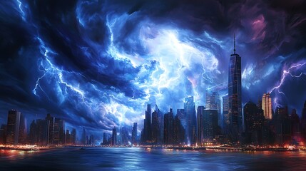 Poster - A vibrant, dynamic thunderstorm over a city 