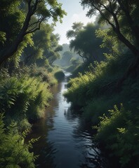 Wall Mural - Dark river flowing through a dense thicket of overgrown bushes and vines, serene, tranquil, water