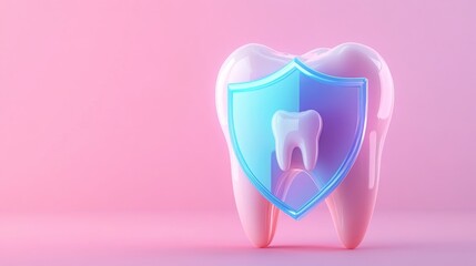 Poster - A stylized tooth with a translucent protective shield is displayed against a pink background. This visual symbolizes the blend of dental care and advanced AI technology for oral health protection.