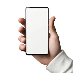 Poster - Hand holding a horizontal mobile phone mockup against a plain background for display or design purposes, Hand holding horizontal mobile phone screen mockup, smartphone isolated on transparent