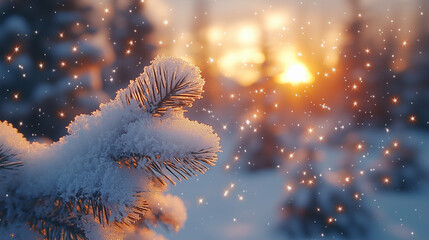 Poster - Snow covered pine branch at sunset with sparkling snow in winter landscape
