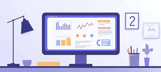 Poster - A clean and modern workspace with a large monitor displaying a real-time business analytics dashboard, set in a minimalist office environment.