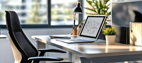 Poster - A clean and modern workspace with a large monitor displaying a financial projection chart, set in a sleek office environment