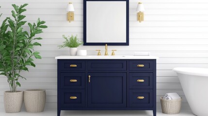 Wall Mural - Elegant navy blue bathroom vanity paired with brass hardware in a modern farmhouse setting features shiplap walls and stylish sconces