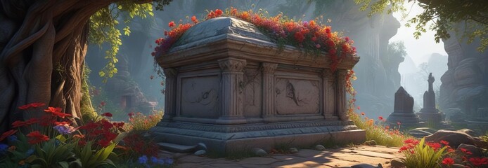 Wall Mural - Mysterious tomb with vines and flowers wrapped around it , foggy, haunting, misty