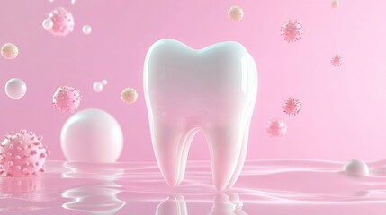 Poster - An illustration showcases a large, glossy white tooth surrounded by various microscopic germs and viruses. The background is a soft pink, emphasizing the focus on dental protection and health.