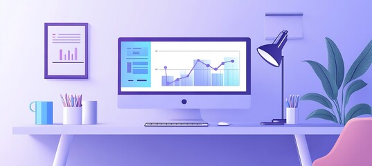 Poster -  A clean, modern office desk with a large monitor displaying a financial growth chart, surrounded by minimalistic decor