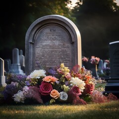 Wall Mural - Generated image A grave with a detailed headstone and multiple flower arrangements