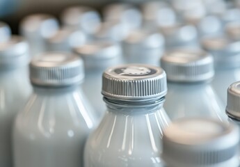 Poster - Close-Up View of Gray Bottles in a Factory Setting Showcasing the Industrial Production of Bottled Products in a Soft-Focused Background for a Modern Stock Photo