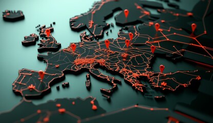 Poster - 3D Map of Europe with Red Pins and Connection Lines