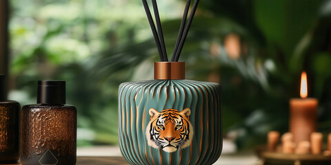 Wall Mural - Decorative diffuser featuring a tiger design placed in a serene indoor environment surrounded by candles and decorative bottles