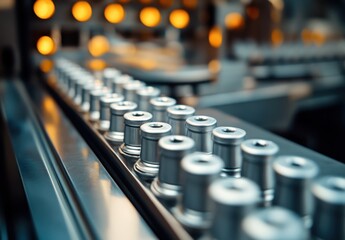 Poster - Industrial production line featuring aluminum canisters moving along a conveyor belt with glowing lights, showcasing technology and efficiency in manufacturing processes
