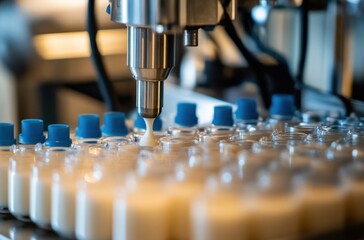 Poster - Precise Liquid Dispensing in a Modern Manufacturing Facility for Bottled Products Like Creams and Lotions in a High-Tech Production Line