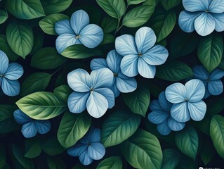 Poster - Blue flowers with green leaves