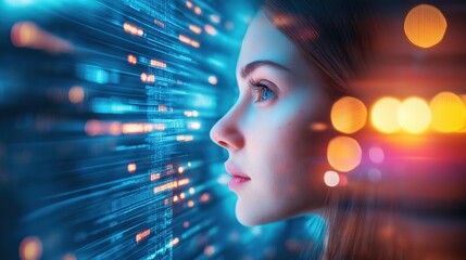 Fototapete - young woman gazes thoughtfully, her profile illuminated by blue and orange light. Lines of data and glowing dots create a vibrant background, evoking a tech-inspired atmosphere