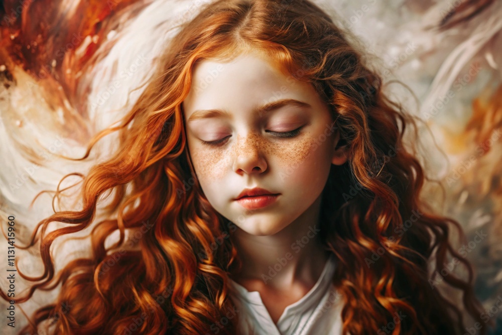 Portrait of a beautiful little red-haired girl with long wavy hair and ...