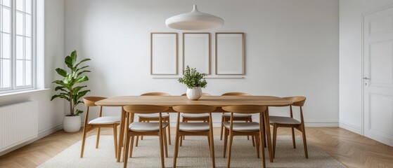 Canvas Print - Modern dining room with wooden table and chairs