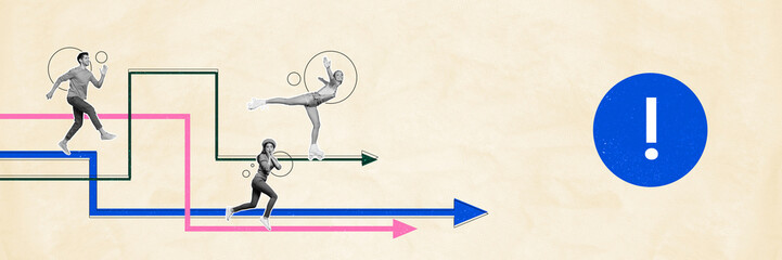 Poster - Composite panoramic art 3d creative image collage of three girls guy run arrow pointer business partners structure exclamation mark goal