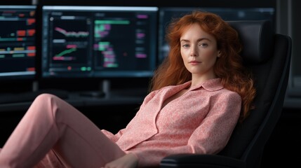 Poster - In a contemporary office, a focused woman with red hair is analyzing data on multiple screens while seated comfortably in a sleek chair