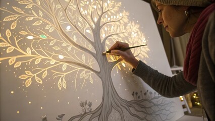 Poster - Female artist carefully painting details on a large canvas depicting a glowing tree of life, illuminated from behind, creating a magical and enchanting atmosphere in her studio