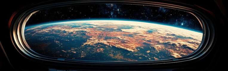 Poster - Mesmerizing view showcases a colorful exoplanet from a spacecraft window in distant galaxy
