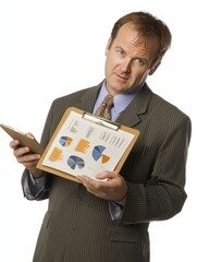 Poster - Male policy analyst in business attire presenting data analysis with charts and graphs
