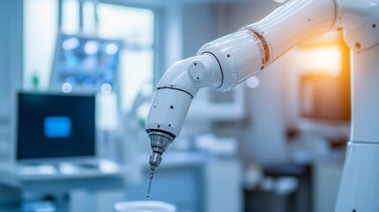 Poster - A robotic arm equipped with a dental drill is positioned in a state-of-the-art dental clinic.