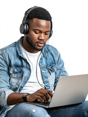 Aufkleber - Male HR Specialist conducting a virtual meeting while wearing headphones in a modern workspace setting