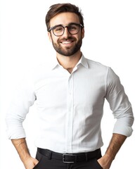 Poster - Male customer service representative with glasses smiling confidently in a professional setting