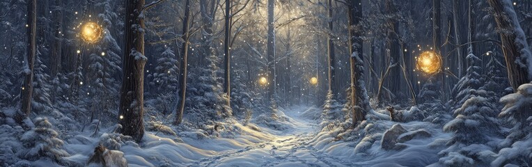 Aufkleber - Magical forest path winding through tall trees illuminated by glowing orbs at twilight