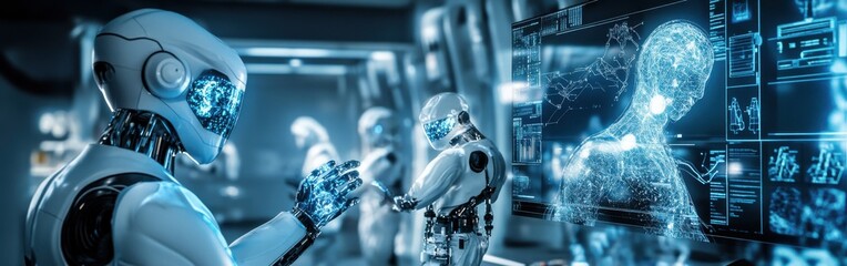 Poster - futuristic laboratory showcasing advanced robotics and artificial intelligence technology in a colla