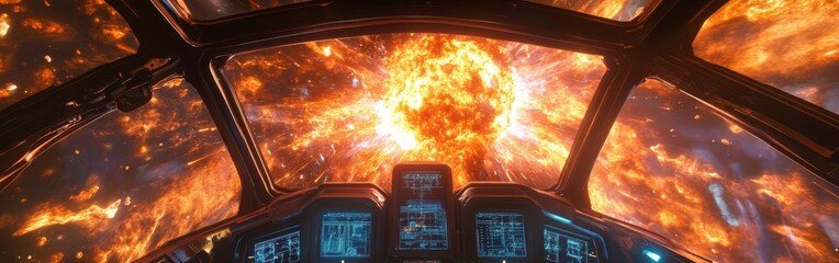 Poster - Exploring a vibrant supernova from the cockpit of a futuristic spacecraft during a cosmic event
