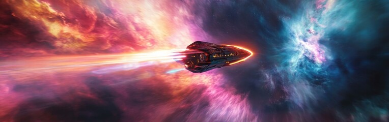 Poster - Spaceship travels through vibrant cosmic clouds at incredible speed in deep space