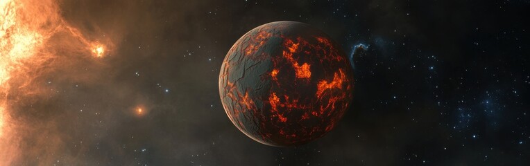 Poster - Dramatic visualization of a volcanic exoplanet illuminated by distant stars and engulfed in cosmic gases
