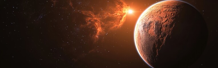 Poster - Dramatic view of an exoplanet illuminated by a distant star amidst cosmic clouds in a vast universe