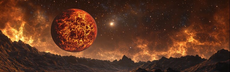 Wall Mural - exoplanet in a fiery landscape with swirling clouds and distant stars