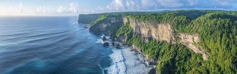Poster - Dramatic aerial view showcasing the rugged cliffs and serene ocean waves along a picturesque coastline at dawn